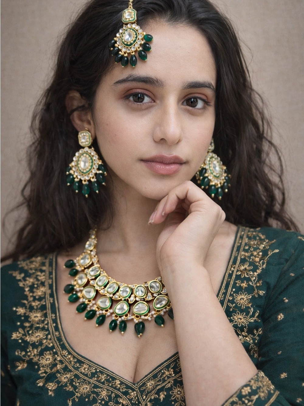 Traditional Green and Gold Kundan Necklace Set with Earrings and Maang Tikka